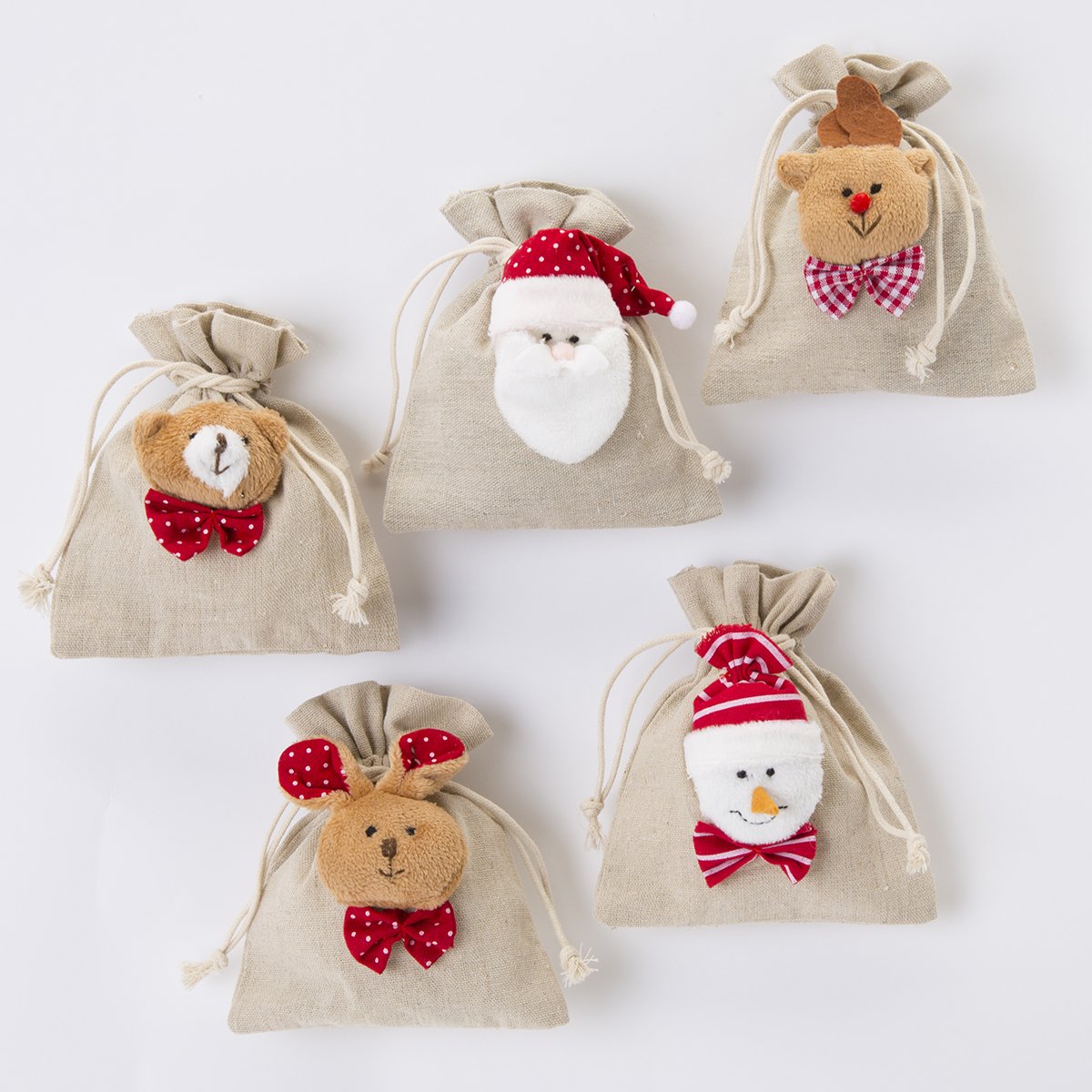 Lot de 5 petits sacs de Noël en tissu assortiment 5 motifs 1353