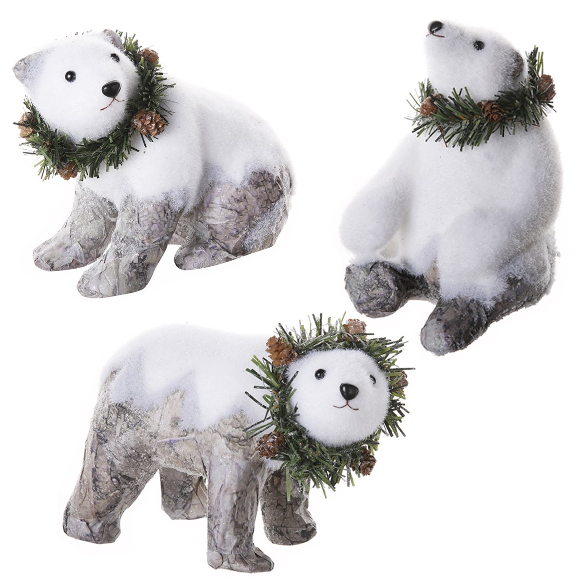 Lot de 3 figurines déco Noël ours blanc avec effet écorce 2257