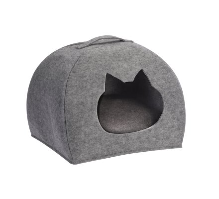 Niche Pour Chat Dome En Feutrine Grise Ouverture Tete De Chat 2339