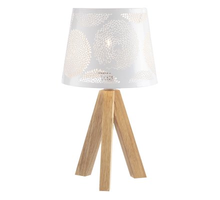 Lampe trépied bois avec abat-jour en métal ajouré blanc ...