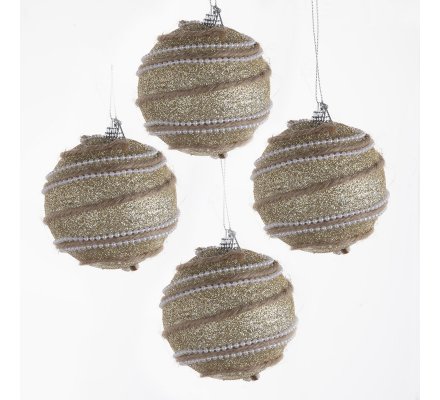 Lot De 4 Boules De Noël Dorées Avec Ficelles Et Perles
