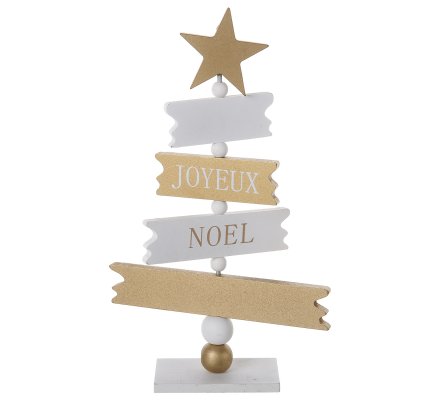Petit Sapin Deco En Bois Joyeux Noel Blanc Et Dore 24cm 22