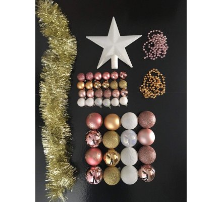 Kit De Decoration Pour Sapin De Noel Blanc Rose Et Dore Avec Boules Guirlandes Et Cimier 44 Pieces 2302