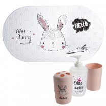 Lot de 4 accessoires de bain pour enfant, tapis de fond de bain, gobelet, distributeur savon et porte brosse à dent motif lapin