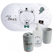 Lot de 4 accessoires de bain pour enfant, tapis de fond de bain, gobelet, distributeur savon et porte brosse à dent motif ours