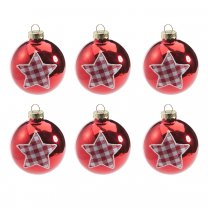 Lot de 6 boules de Noël en verre rouge motif étoile en tissu vichy