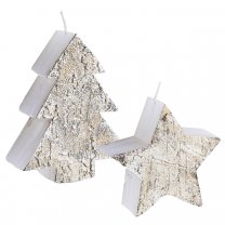Lot de 2 bougies déco de Noël forme sapin et étoile avec effet écorce d'arbre