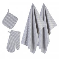 Lot de 2 torchons de cuisine avec un gant et une manique coloris bleu rayé blanc 100% coton