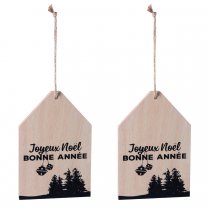 Lot de 2 sujets de Noël en bois avec ficelle à accrocher "Joyeuses Noël" et "Bonne année"