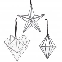 Lot de 3 sujets en métal argenté style origami à accrocher, étoile, coeur, losange