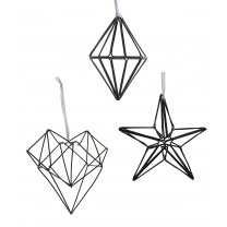 Lot de 3 sujets en métal noir style origami à accrocher, étoile, coeur, losange