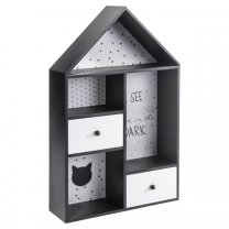 Etagère murale forme maison en bois noir et blanc avec tiroirs H57cm