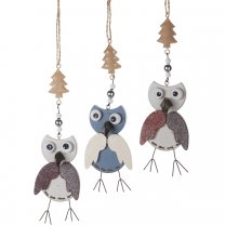 Lot de 3 Suspensions décoration de Noël hibou en bois et métal 25cm