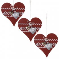 Lot de 3 sujets coeur en bois et métal rouge avec clochettes