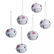 Lot de 6 grelots blancs avec motif flocon rouge à accrocher au sapin 4cm