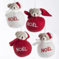 Lot de 4 boules de noël peluche ourson rouge et blanc à suspendre au sapin