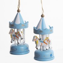 Lot de 2 sujets, carrousel miniature en bois bleu à accrocher 9cm
