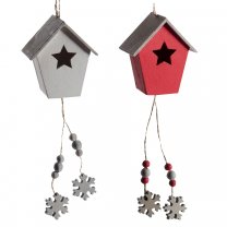 Lot de 2 suspensions déco en bois cabane rouge et grise avec ficelle et flocons