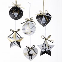 Lot de 6 sujets de noël métal doré, blanc et noir à accrocher, coeur, étoile, boule