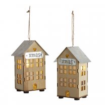 Lot de 2 petits chalets lumineux à led en bois et toit galva 16cm