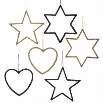 Lot de 6 suspensions déco sapin étoiles et coeur à paillettes noir et or
