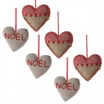 Lot de 6 coeurs déco sapin en jute et tissu 10,5cm