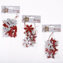 Lot de 30 decorations de noël en bois rouge et blanc à suspendre motif flocon, étoile et sapin