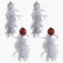 Lot de 4 boules de Noël rouges et blanches avec plumes