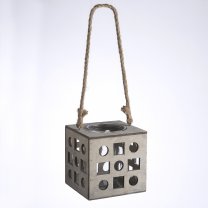 Lanterne photophore cube en bois à suspendre avec corde H 46cm