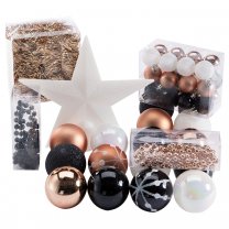 Kit de décoration pour sapin de Noël noir, cuivre et blanc avec boules, guirlandes et cimier 44 pièces